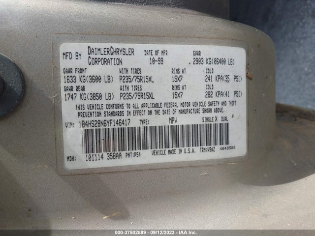 2000 DODGE DURANGO VIN: 1B4HS28N6YF146417