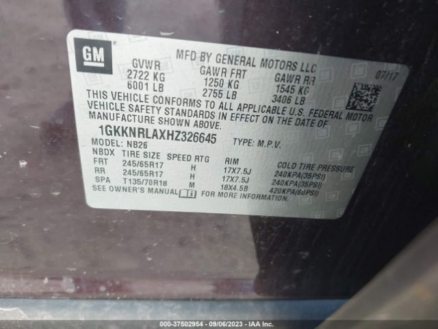 1GKKNRLAXHZ326645 GMC ACADIA SLE