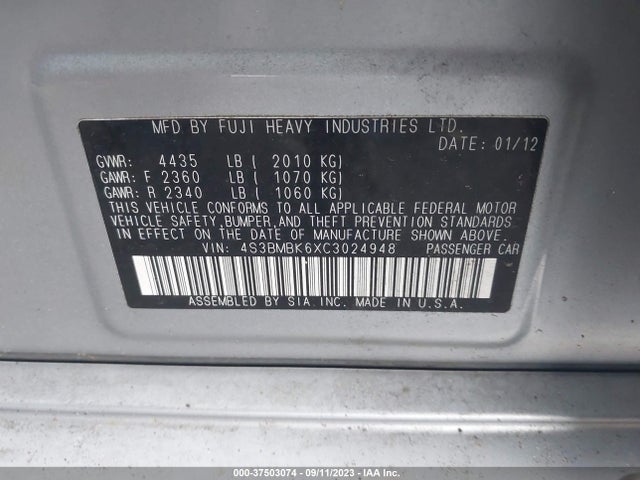 2012 SUBARU LEGACY 2.5I LIMITED VIN: 4S3BMBK6XC3024948