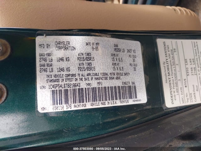 1996 CHRYSLER TOWN & COUNTRY VIN: 1C4GP54L6TB218643