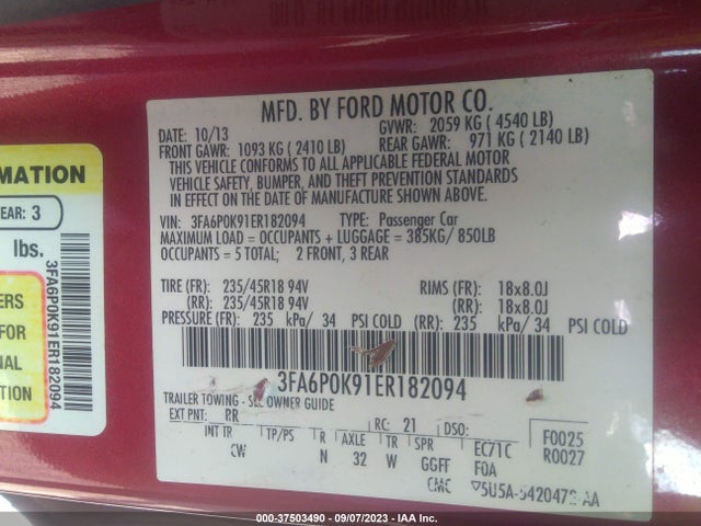 2014 FORD FUSION TITANIUM VIN: 3FA6P0K91ER182094