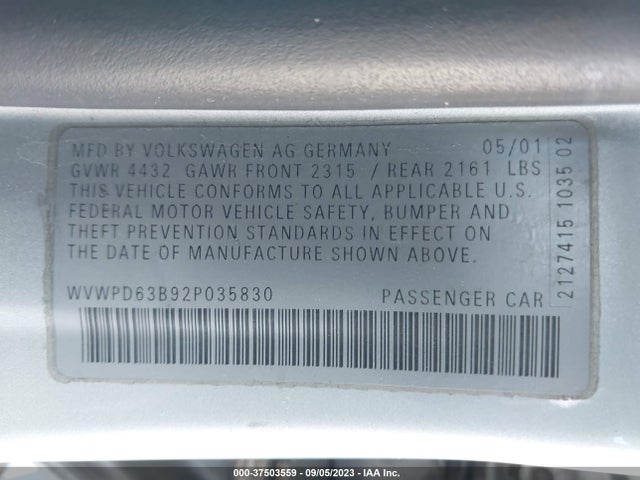 2002 VOLKSWAGEN PASSAT GLS VIN: WVWPD63B92P035830