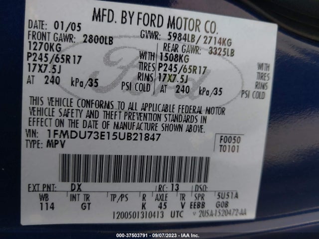 2005 FORD EXPLORER XLT VIN: 1FMDU73E15UB21847