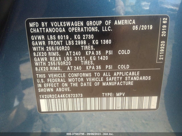 1V2UR2CA4KC572373 Volkswagen Atlas 3.6l V6 Se W/technology