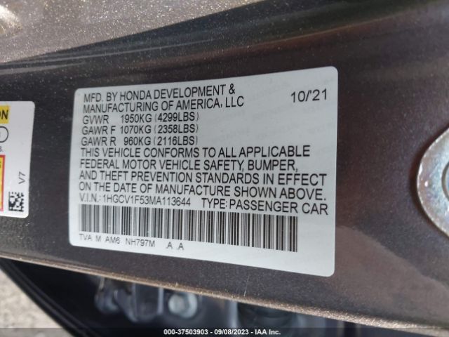 1HGCV1F53MA113644 Honda Accord Ex-l