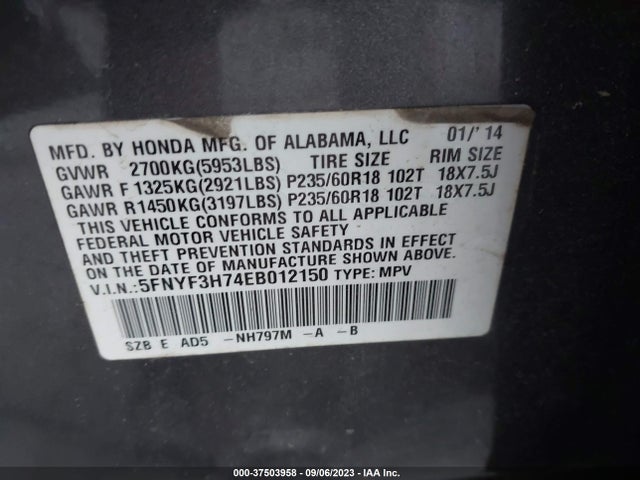 Honda Pilot Ex-l 2014 5FNYF3H74EB012150 Image 9