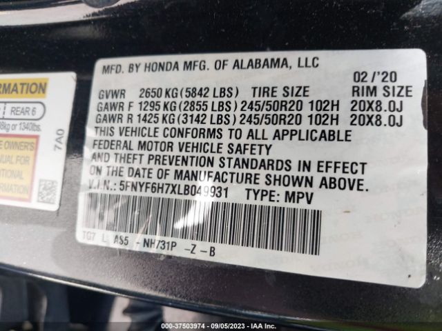 5FNYF6H7XLB049931 Honda Pilot Black Edition