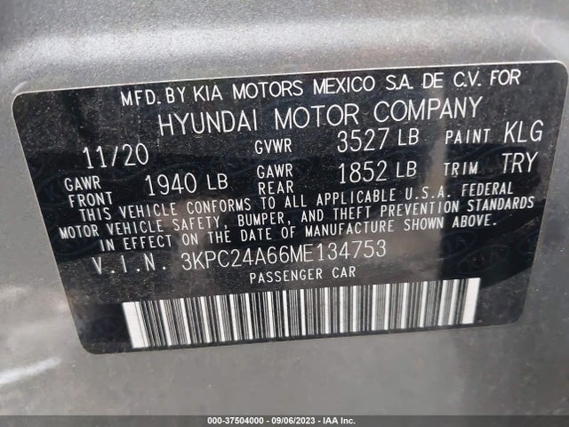 2021 HYUNDAI ACCENT SEL VIN: 3KPC24A66ME134753