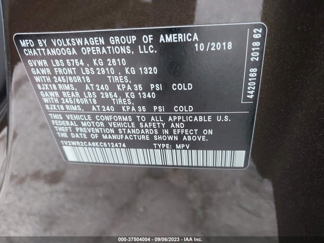 1V2WR2CA6KC512474 Volkswagen Atlas 3.6l V6 Se W/technology