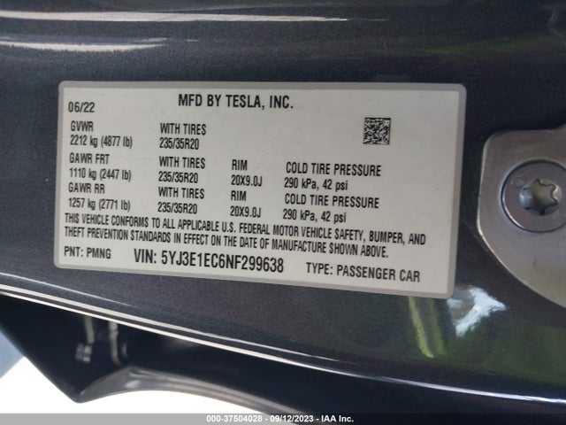 Tesla Model 3 Performance 2022 5YJ3E1EC6NF299638 Image 9