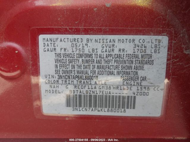 3N1CN7AP6KL880018 Nissan Versa Sedan Sv