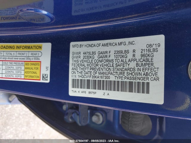 2019 HONDA ACCORD SEDAN SPORT 1.5T VIN: 1HGCV1F35KA167300