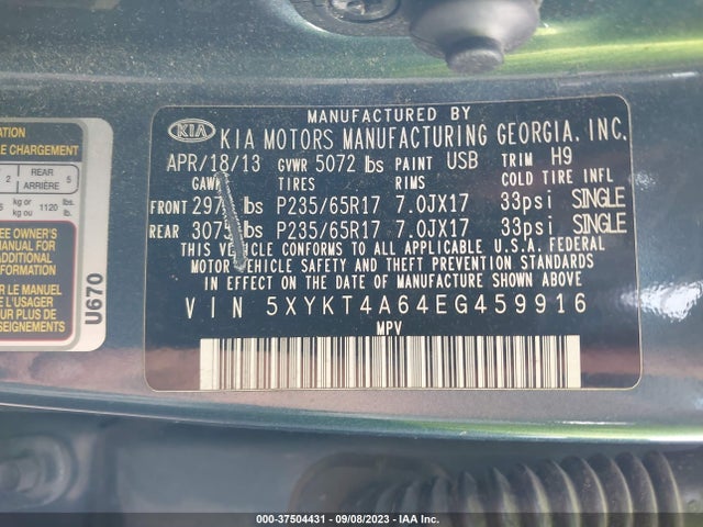 2014 KIA SORENTO LX VIN: 5XYKT4A64EG459916