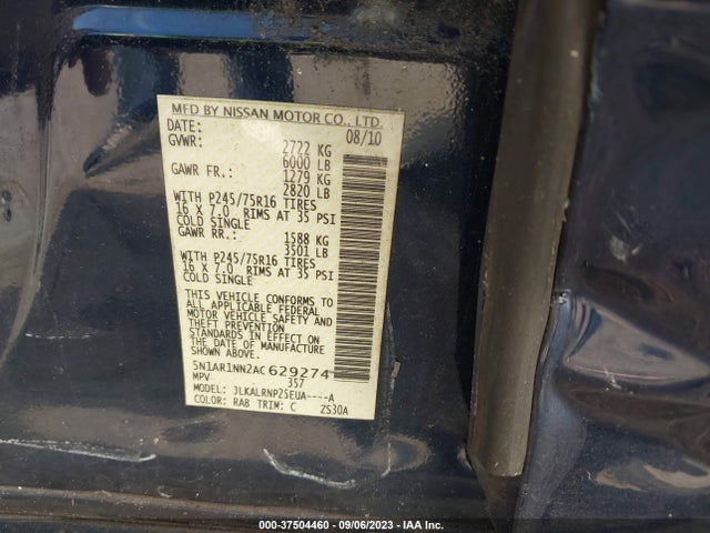 2010 NISSAN PATHFINDER S FE+ VIN: 5N1AR1NN2AC629274