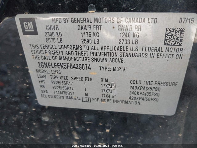 Chevrolet EQUINOX LT 2015 2GNFLFEK5F6429074 Image 9