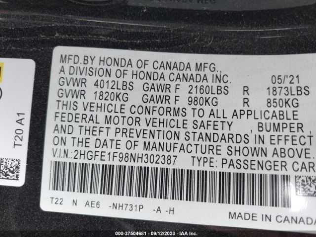 2HGFE1F98NH302387 Honda Civic Sedan Touring