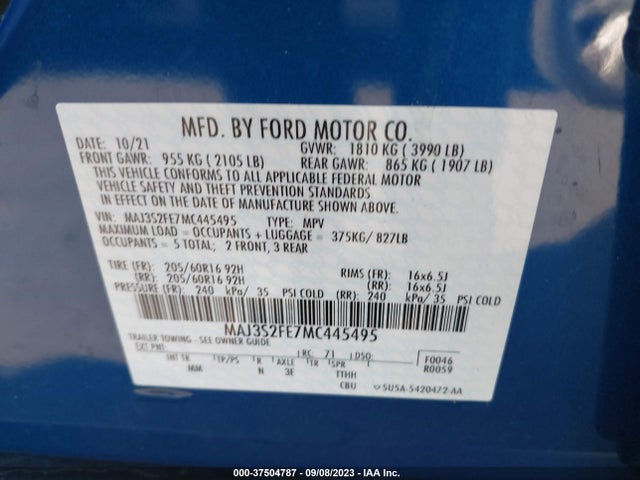 2021 FORD ECOSPORT S VIN: MAJ3S2FE7MC445495