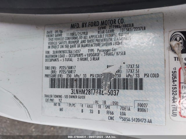 2007 LINCOLN MKZ VIN: 3LNHM28T77R615037