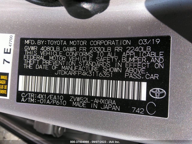 2019 TOYOTA PRIUS PRIME PLUS/PREMIUM/ADVANCED VIN: JTDKARFP4K3116351