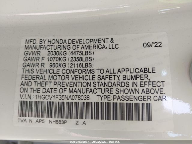 1HGCV1F35NA078038 Honda Accord Sedan Sport