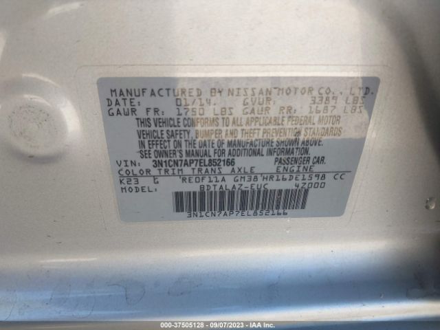 3N1CN7AP7EL852166 Nissan Versa S Plus