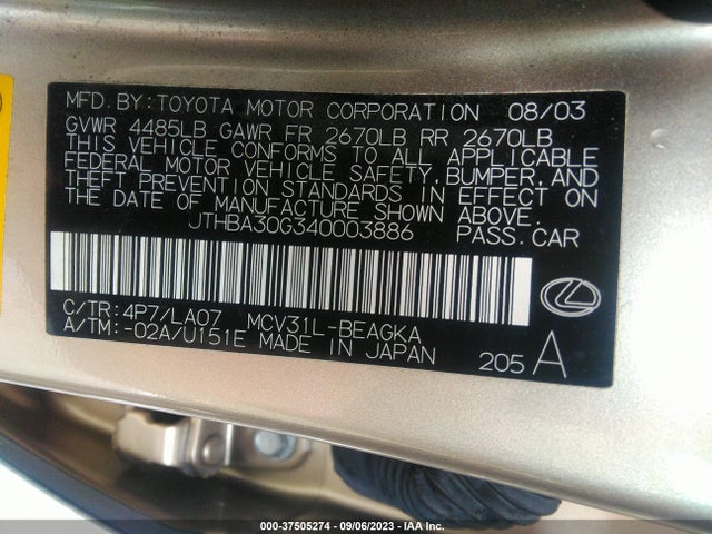 2004 LEXUS ES 330 VIN: JTHBA30G340003886