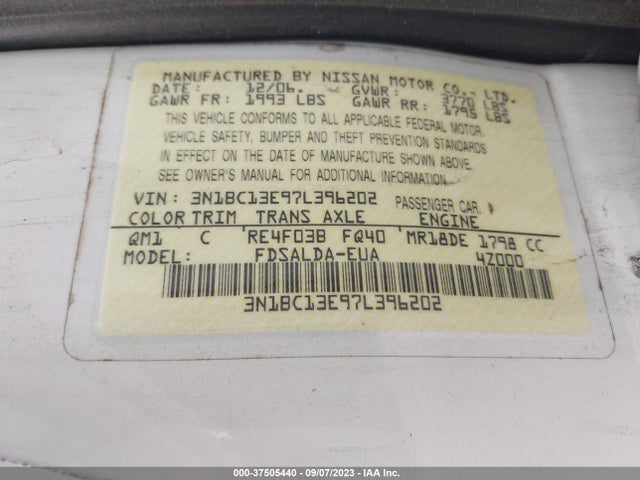 2007 NISSAN VERSA 1.8 S VIN: 3N1BC13E97L396202