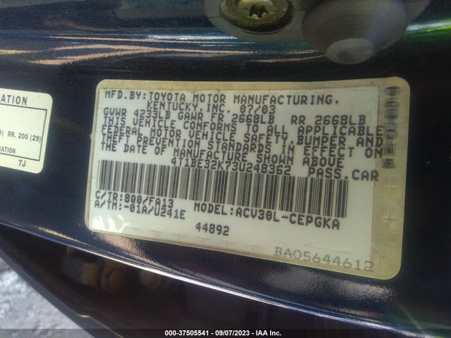 2003 TOYOTA CAMRY LE/SE/XLE VIN: 4T1BE32K73U248362