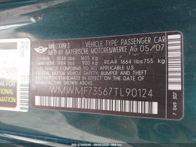 2007 MINI COOPER HARDTOP S VIN: WMWMF73567TL90124