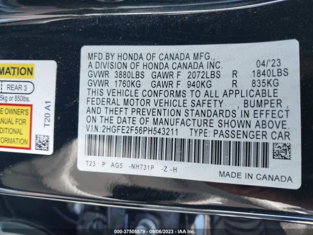 2HGFE2F56PH543211 Honda Civic Sedan Sport