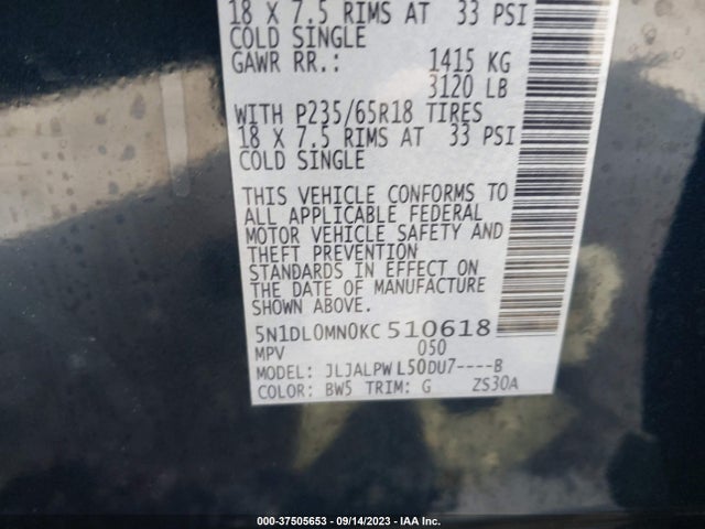37505653 :رقم المزاد ، 5N1DL0MN0KC510618 vin ، 2019 Infiniti Qx60 Pure مزاد بيع