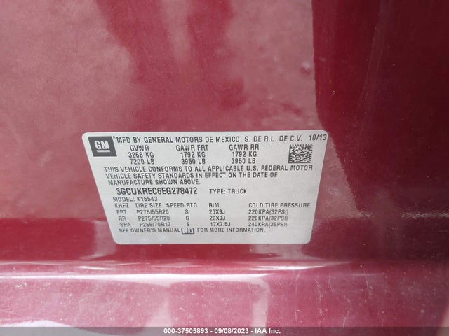 2014 CHEVROLET SILVERADO 1500 LT VIN: 3GCUKREC6EG278472