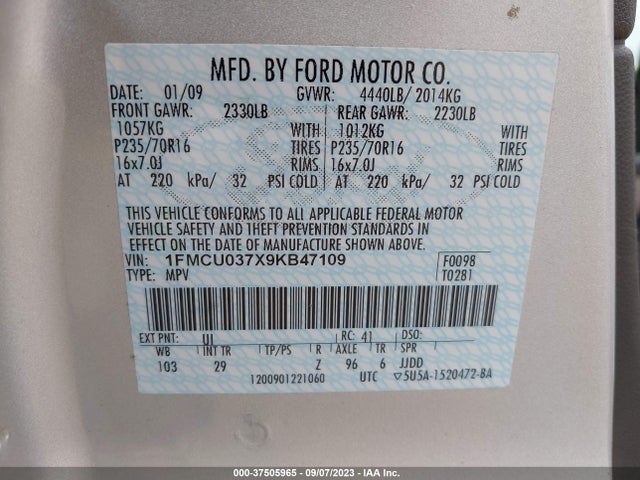 2009 FORD ESCAPE XLT VIN: 1FMCU037X9KB47109