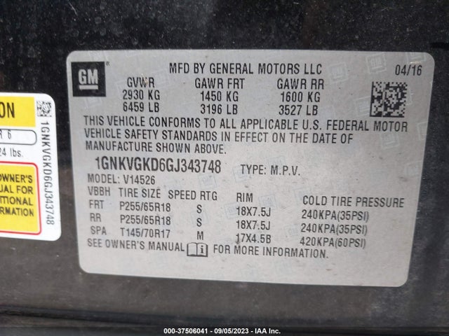 Chevrolet Traverse Lt 2016 1GNKVGKD6GJ343748 Image 9