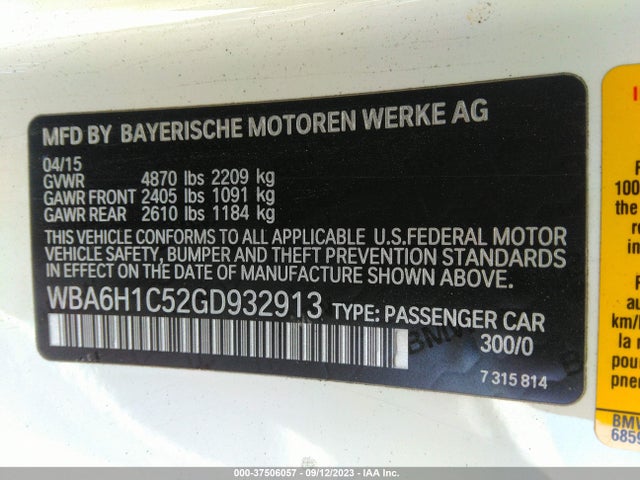 2016 BMW 6 Series, VIN: WBA6H1C52GD932913