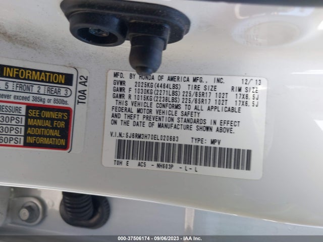 Honda Cr-v Ex-l 2014 5J6RM3H70EL020683 Image 9