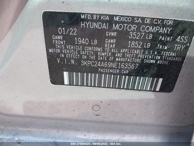 2022 HYUNDAI ACCENT SE VIN: 3KPC24A69NE163567
