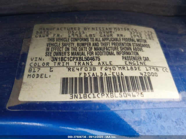 2011 NISSAN VERSA 1.8 S VIN: 3N1BC1CPXBL504675