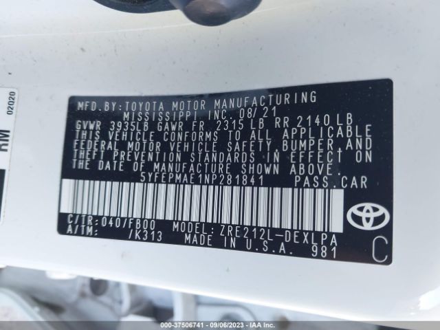 5YFEPMAE1NP281841 Toyota COROLLA LE