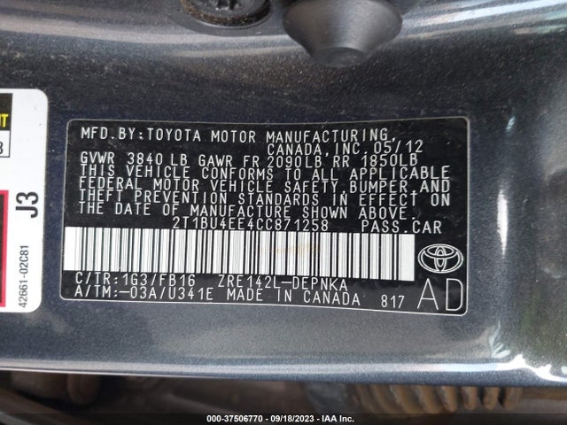 2012 TOYOTA COROLLA L/LE/S VIN: 2T1BU4EE4CC871258
