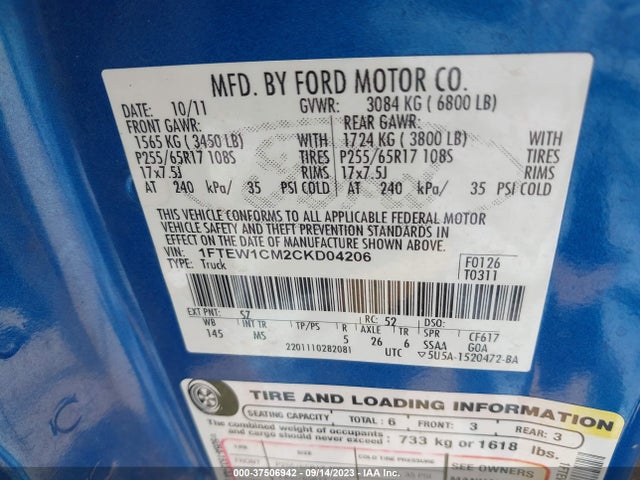 2012 FORD F-150 XLT VIN: 1FTEW1CM2CKD04206