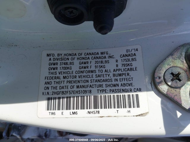 Honda Civic Sedan Lx 2014 2HGFB2F57EH510918 Image 9