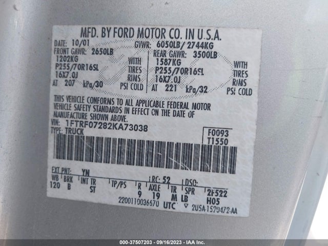 2002 FORD F-150 XL/XLT VIN: 1FTRF07282KA73038