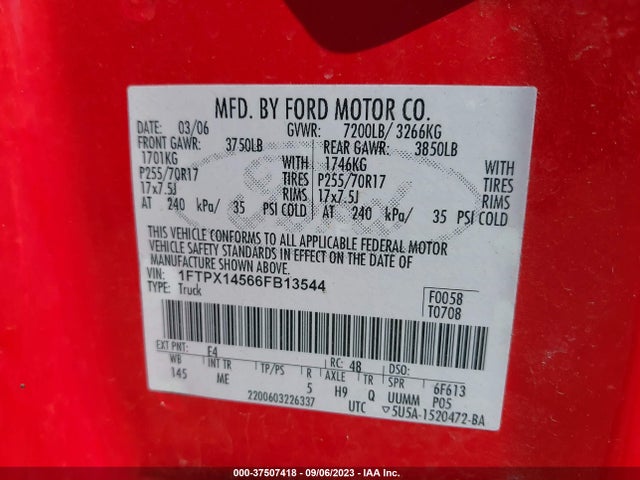2006 FORD F-150 XLT/FX4/LARIAT/XL VIN: 1FTPX14566FB13544