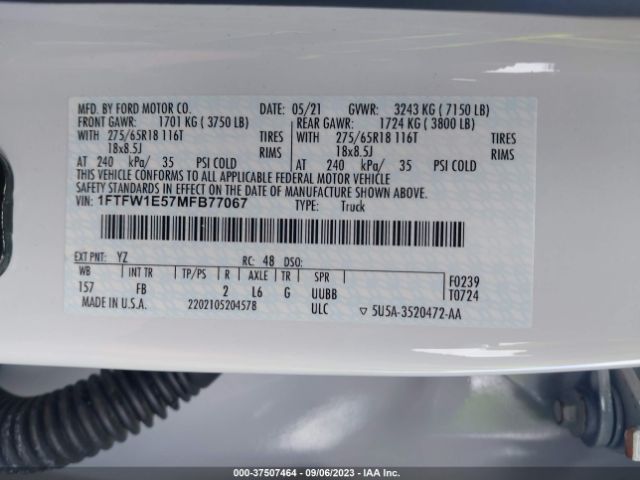 1FTFW1E57MFB77067 Ford F-150 Xl/xlt/lariat