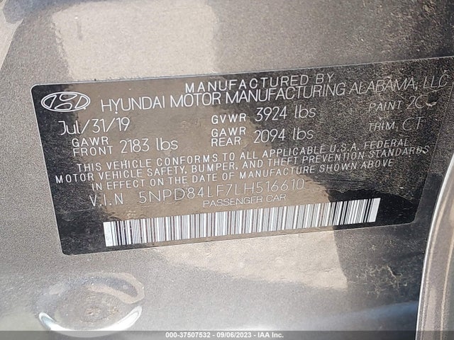 2020 HYUNDAI ELANTRA SEL VIN: 5NPD84LF7LH516610