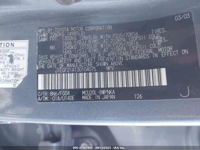2003 TOYOTA HIGHLANDER LIMITED VIN: JTEGF21A130104075