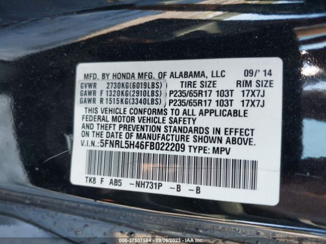 5FNRL5H46FB022209 Honda ODYSSEY EX