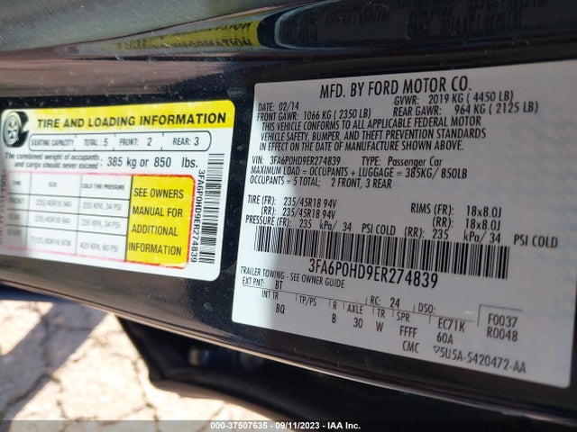 Ford FUSION SE 2014 3FA6P0HD9ER274839 Image 9