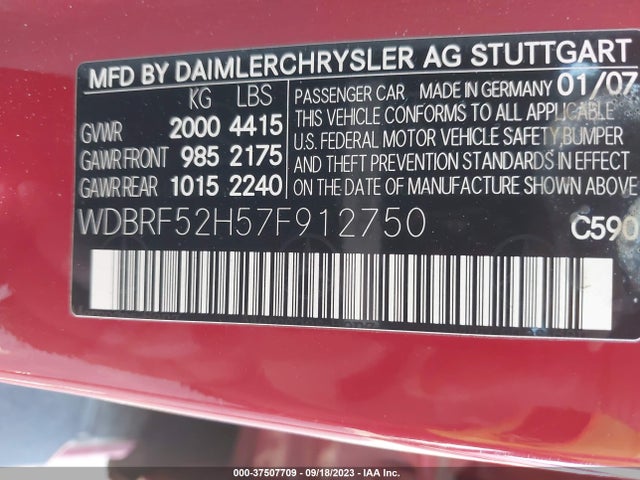 2007 MERCEDES-BENZ C-CLASS 2.5L SPORT VIN: WDBRF52H57F912750